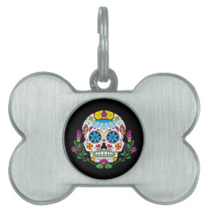 Coloured Flowers Mexican Tattoo Sugar Skull Pet ID Tag