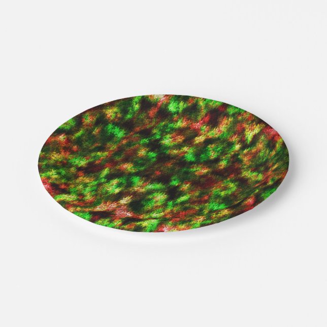 Coloured green, yellow to red with feathers. paper plate (Angled)