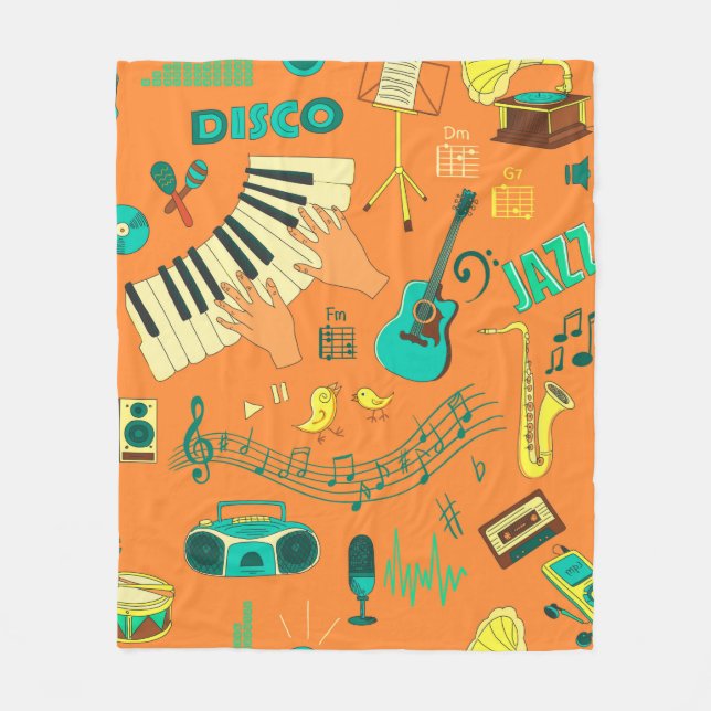 Coloured hand draw music pattern fleece blanket (Front)