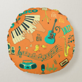 Coloured hand draw music pattern round cushion