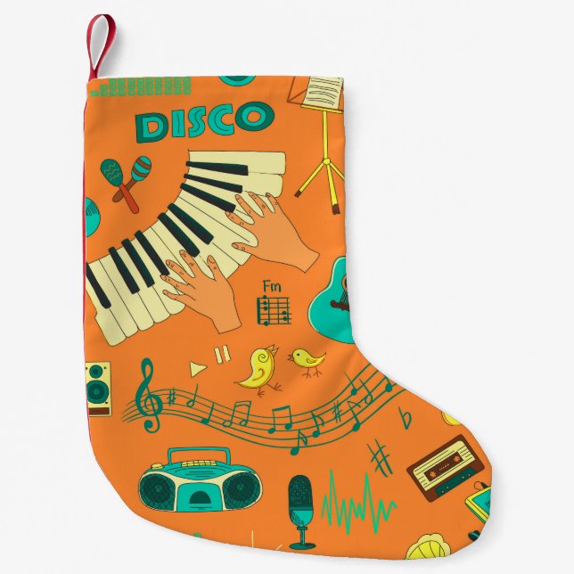 Coloured hand draw music pattern small christmas stocking (Front)