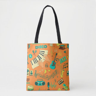 Coloured hand draw music pattern tote bag