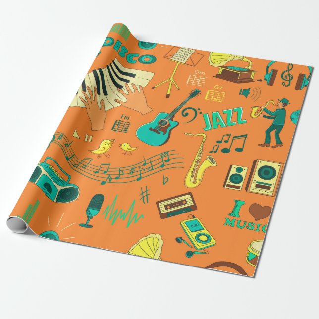 Coloured hand draw music pattern wrapping paper (Unrolled)