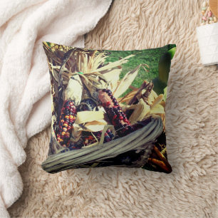 Coloured Indian Corn In Wicker Basket Fall  Cushion