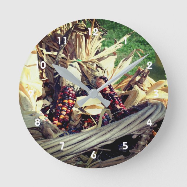 Coloured Indian Corn In Wicker Basket Fall  Round Clock (Front)