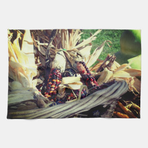 Coloured Indian Corn In Wicker Basket Fall Tea Towel