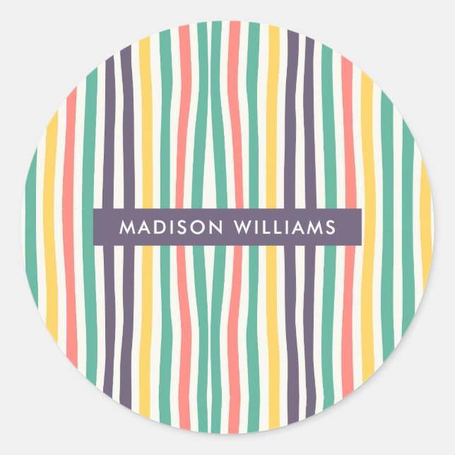 Coloured Lines Vertical Stripes Custom Name Classic Round Sticker (Front)