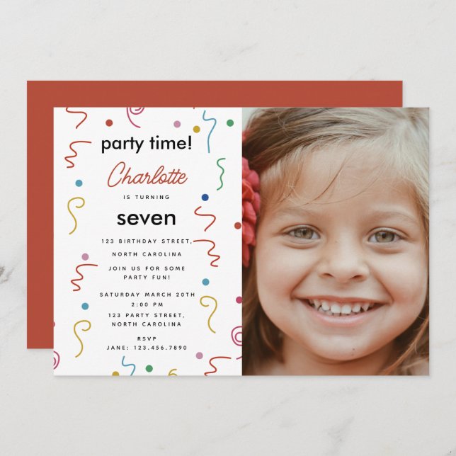 Coloured Party Confetti Birthday Party Time Photo Invitation (Front/Back)