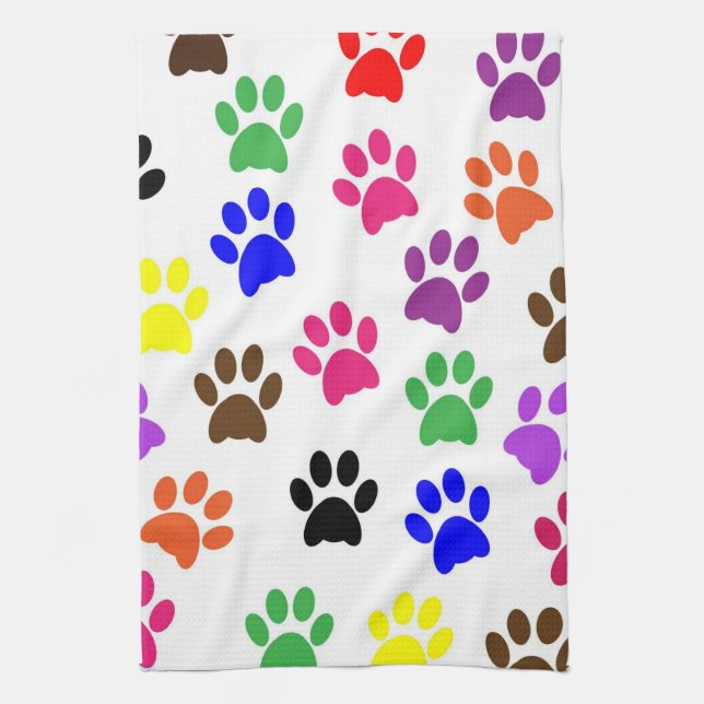 Coloured Paw Prints Kitchen Hand Towel (Vertical)