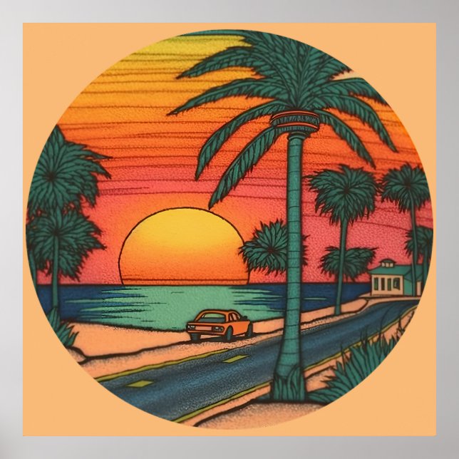 Coloured Pencil look of a round beach sunset Poster (Front)