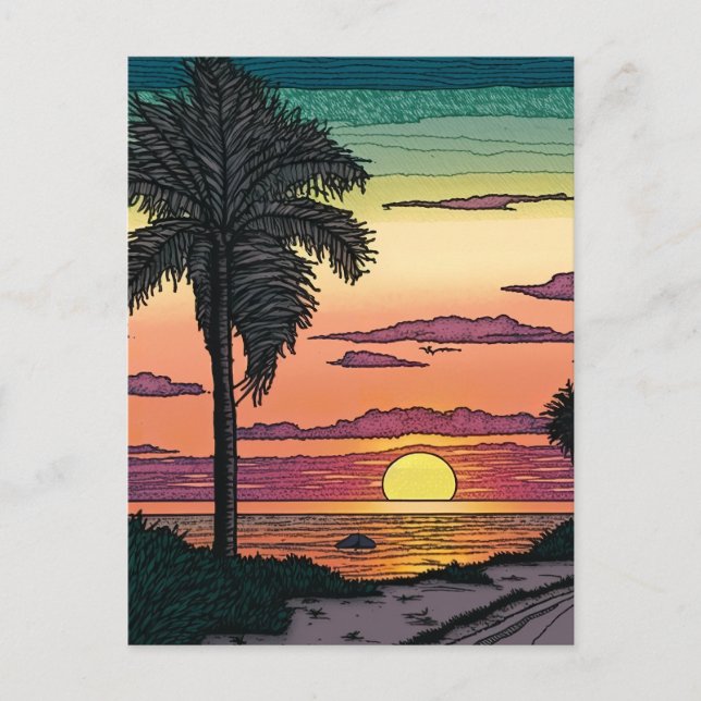 Coloured Pencil look of a stunning beach sunset Postcard (Front)