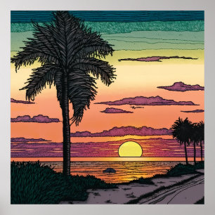 Coloured Pencil look of a stunning beach sunset Poster