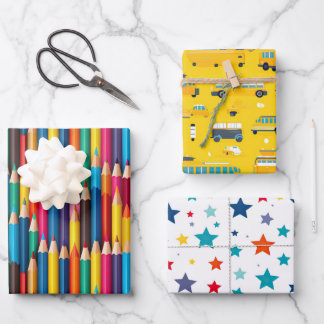 Coloured Pencil School Bus Colourful Stars Wrapping Paper Sheet