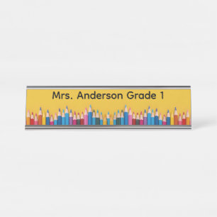 Coloured Pencils on School Bus Yellow Personalise Desk Name Plate