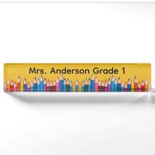 Coloured Pencils on School Bus Yellow Personalise Nameplate