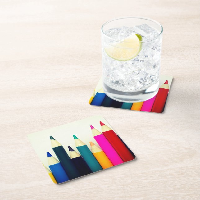 Coloured Pencils Square Paper Coaster (Insitu)