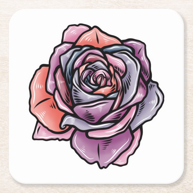 Coloured Rose Flower Square Paper Coaster (Front)