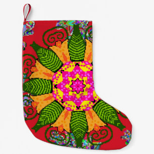Coloured round floral mandala on a red,  green and small christmas stocking