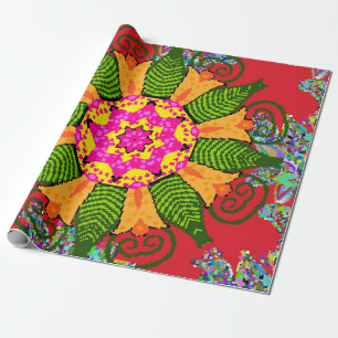 Coloured round floral mandala on a red,  green and wrapping paper