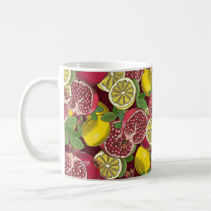 Coloured seamless pattern with pomegranates and le coffee mug