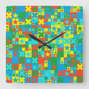 Coloured stars and crosses square wall clock