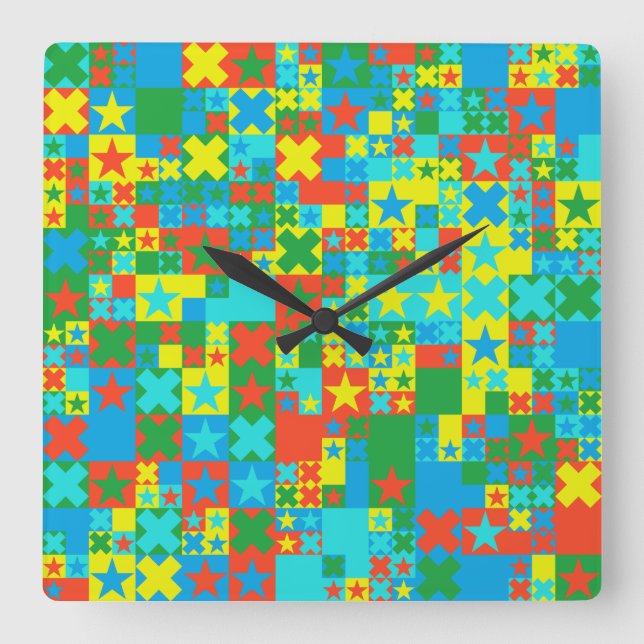 Coloured stars and crosses square wall clock (Front)