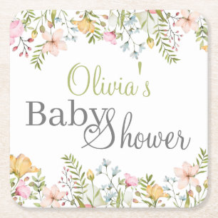 Coloured Wildflower Floral Baby Shower Square Paper Coaster
