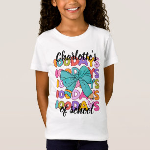Colourful 100 Days Of School Blue Pencil Bow T-Shirt