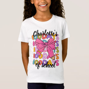 Colourful 100 Days Of School Pink Pencil Bow T-Shirt