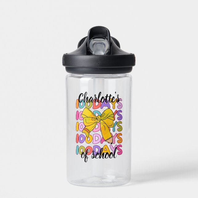 Colourful 100 Days Of School Yellow Pencil Bow Water Bottle (Front)