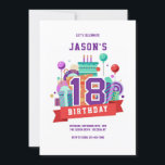 Colourful 18th Birthday Party Invitation<br><div class="desc">A milestone birthday party invitation featuring the number 18 with balloons, presents and a birthday cake. (Background vector created by freepik - www.freepik.com). The card is easy to customise with your wording, font, font colour and paper shape options. Not exactly what you're looking for? All our products can be custom...</div>
