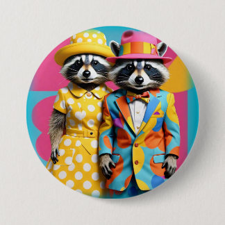 Colourful 1960's mod raccoons 7.5 cm round badge