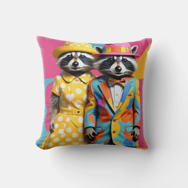Colourful 1960's mod raccoons cushion (Front)