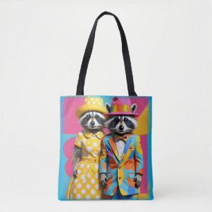 Colourful 1960's mod raccoons tote bag