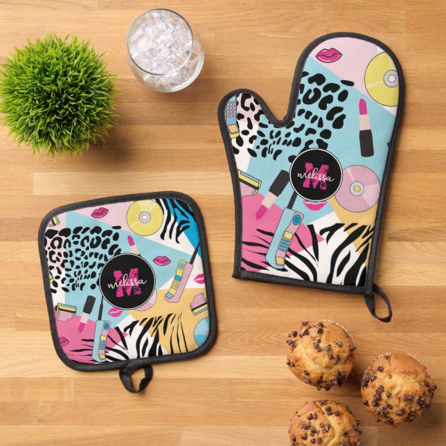 Colourful 1990's Nineties Pattern Monogram Oven Mitt & Pot Holder Set (Top Down)