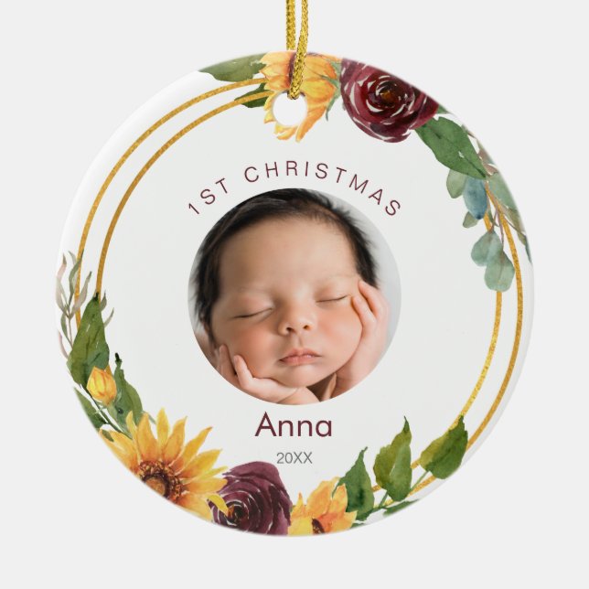 Colourful 1st Christmas Photo Sunflowers & Burgund Ceramic Tree Decoration (Front)