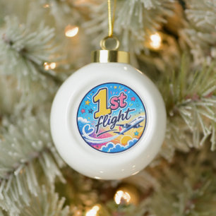 Colourful 1st flight aeroplane souvenir ceramic ball christmas ornament