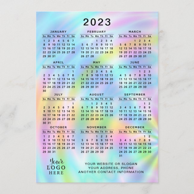 Colourful 2023 Calendar Full Year Faux Holographic Programme (Front)