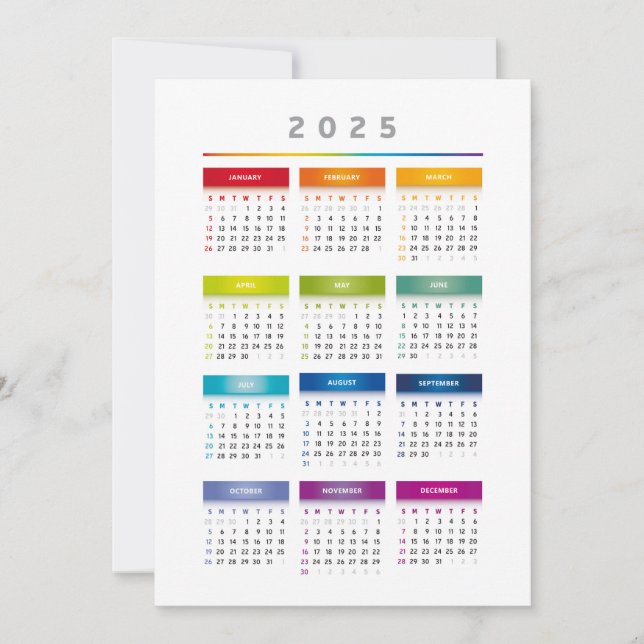 Colourful 2025 Calendar - Rainbow Colours 3 Column Invitation (Front)