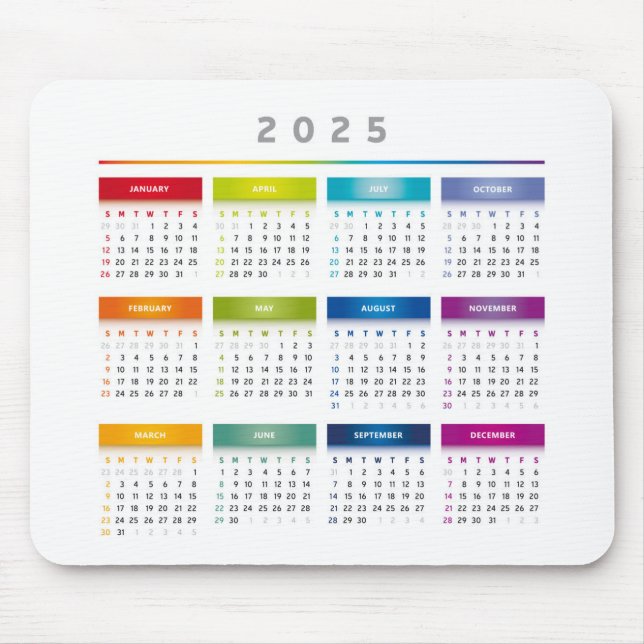 Colourful 2025 Calendar - Rainbow Colours 3 Column Mouse Pad (Front)