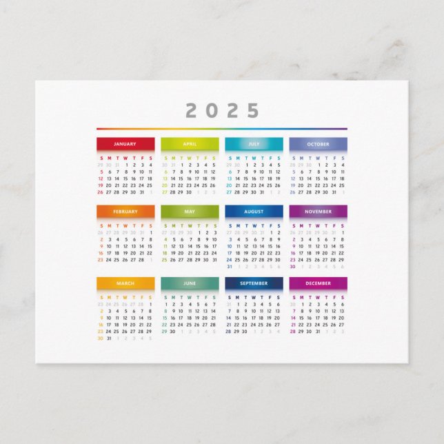 Colourful 2025 Calendar - Rainbow Colours 3 Column Postcard (Front)