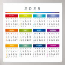 Colourful 2025 Calendar - Rainbow Colours 3 Column