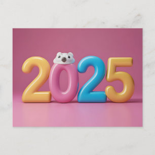 Colourful 2025 Happy New Year with Cute Bear Holiday Postcard