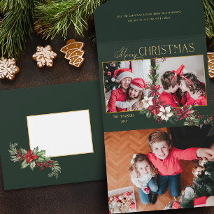 Colourful 2-Photo Merry Christmas Poinsettias All In One Invitation