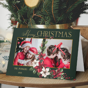 Colourful 2-Photo Merry Christmas Poinsettias Holiday Card