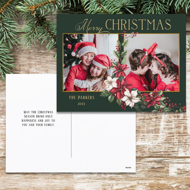 Colourful 2-Photo Merry Christmas Poinsettias Holiday Postcard (Creator Uploaded)