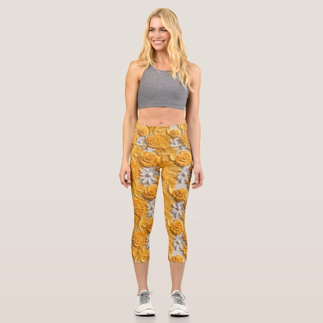 colourful 3D Marigold Floral Capri Leggings (Front)