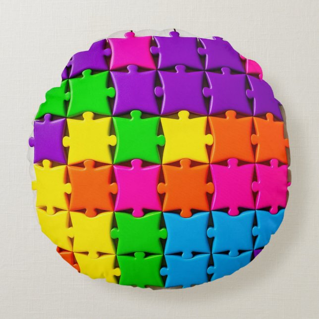 Colourful 3d Puzzle Pieces Arranged Round Cushion (Front)