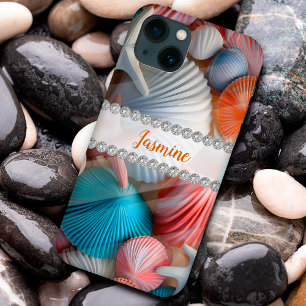 Colourful 3D Sea shells, diamond frame custom iPhone 13 Case