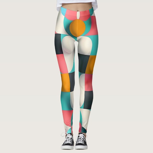 Colourful 3D Spheres and Geometric Grid Pattern Leggings (Front)